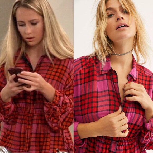 NWT Free People Pacific Dawn Plaid Shirt Drawstring Size Small Pink Red Bohemian - Picture 2 of 13